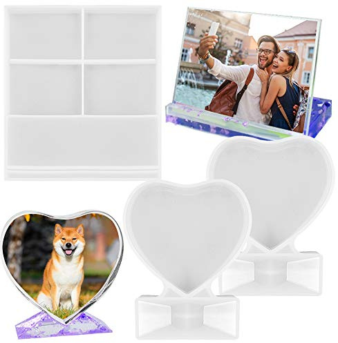 3PCS maxin Moules en silicone en forme de coeur et carrés, moules en résine époxy, décorations d'anniversaire de mariage, artisanat, cadres photo personnalisés