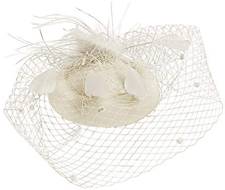 TINAYAUE Damen Hut Bibi Hochzeit Elegant Schleier Braut Kopfschmuck Vintage Mesh Mini Schleier Hochzeit Barett mit Feder Haarspange verziert Zubehör für Kostüm Abend Party, helles beige, Einheitsgröße