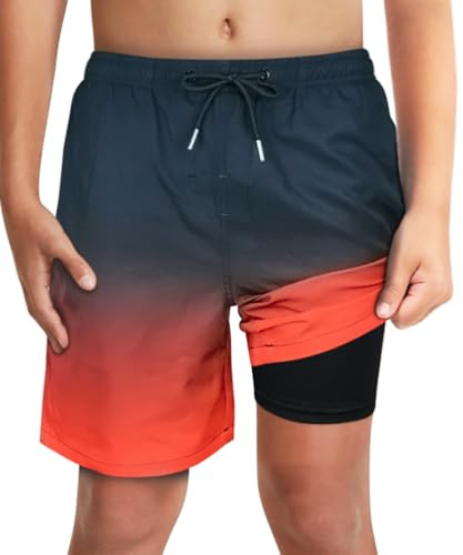 LUCOWEE Badbyxor för pojkar mjukt kompressionsfoder no-Chafing badshorts snabbtorkande ljus UPF 50+ kvalitetsbaddräkt, Svart röd ombre, 10-12