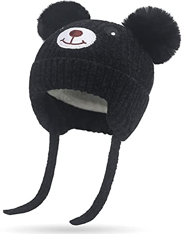 Kleinkind Süß Bär Wintermütze mit Ohrenklappen Baby Mädchen Junge Chenille Strickmütze Kinder Pom Beanie mit Bindebändern Ohrenschützer Hut Baby Verdicken Warme Plüsh Gefüttert Mütze 0-5 Jahre