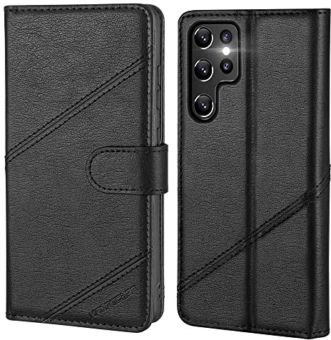 KRAFTCARE Handyhülle für Samsung Galaxy S22 Ultra Hülle | Klapphülle mit Premium PU Leder, 3 Kartenfächer + Geldscheinfach, Ständer, Stoßfeste, RFID Blockierung, Schwarz