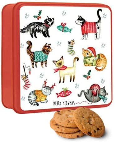 Christmas Biscuit Tin Gift Set Filled with Biscuits Inside | Stem Ginger, Lemon & Choc Chip Biscuits | Embossed Biscuit Tin Gifts - Xmas Stocking Fillers for Women, Kids - 160g- Vegetarians - Meowmas