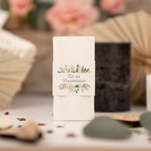 Freudentränen 20x Banderolen | Hochzeit Papeterie | Taschentuch | Naturpapier | 4 Wildblüten Designs | Weddimoo (Eukalyptus - Gerade)
