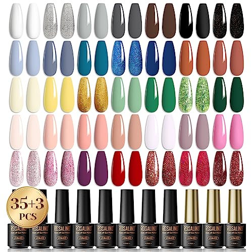 ROSALIND UV Nagellack Set, 35+3 Farben UV Gel Nagellack Weiß Schwarz Grau Glitzer Schellack für Nagelstudio Design Nagel Gelnägel Set mit Geschenkbox Maniküre Set