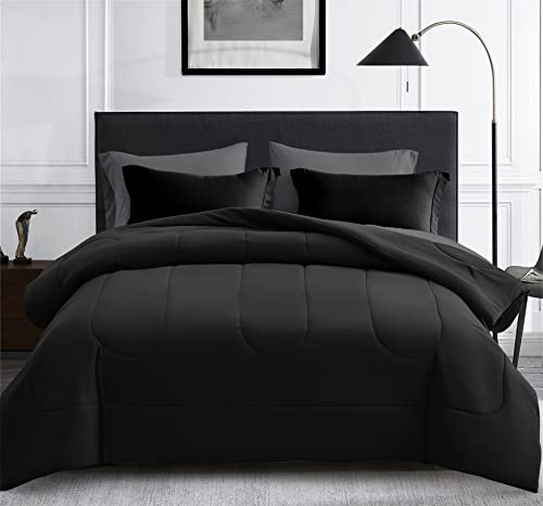 Maple&Stone Full Size Comforter Set 7 Pieces Bed in a Bag - Down Alternative Bed Set with Sheets, Pillowcases & Shams, Soft Reversible Duvet Insert,Black