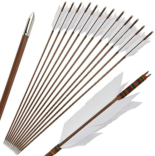 limaity 33Inch Bambuspfeile Traditionelle handgefertigte Bambuspfeile Jagdpfeile Bogenschießen Zielübung Bambuspfeile mit 4 Truthahnfeder für Recurvebogen Traditioneller Langbogen (12, Weiß)