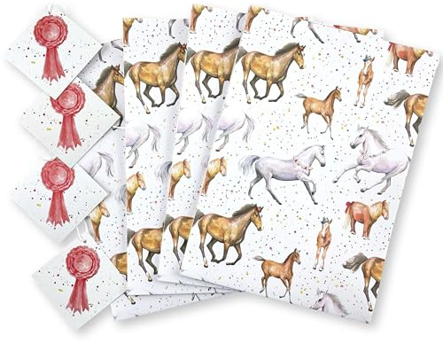 Geschenkpapier mit Pferdemotiv, 100% recycelbar und recycelbar, umweltfreundlich, bedruckt, 4 Bögen und 4 Etiketten, Geburtstag, Weihnachten, Muttertag