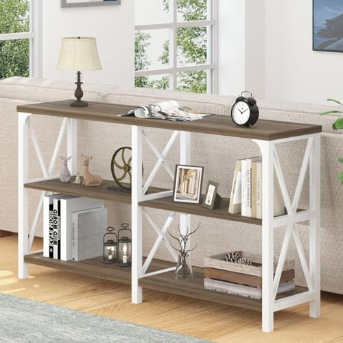 LVB Farmhouse Eingangstisch, industrieller Holz-Sofatisch mit Ablage, Moderne Konsolentische hinter der Couch für Wohnzimmer, Holzflur Foyertisch für den Vordereingang, Weiße Eiche, 140 cm