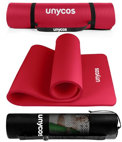 unycos - Esterilla de Deporte, Yoga, Pilates y Fitness, Gruesa (15 mm) Antideslizante【E-Book】Correa y Bolsa de Transporte, Colchoneta NBR para Gimnasio en Casa 183x60 cm | 72,04x23,62 (Rojo)