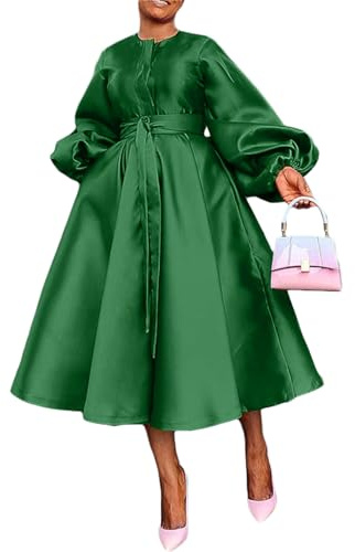 SHINFY Casual Church Dresses for Women Satin Long Sleeve A Line Semi Formal Fit Maxi Long Dresses with Pockets Green