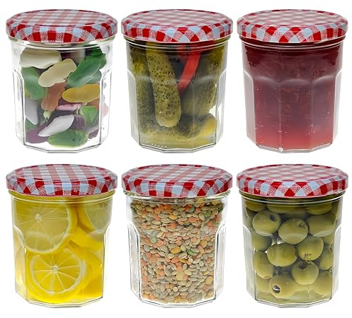 COS Menage Jar Menage Jar 324 ml, 6 Stück, Weithalsglas, Einmachgläser, Schraubverschluss, roter Gingham-Deckel, luftdichte Einmachgläser, hausgemachte Marmelade, Chutney-Glas, 6 Stück