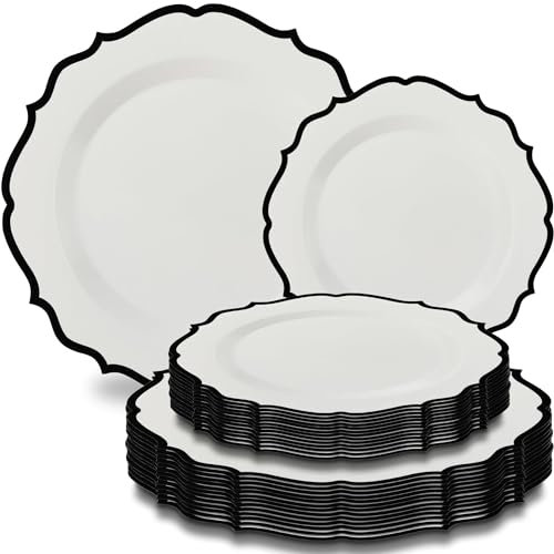 BLUESKY Contemporary Collection Lot de 32 assiettes blanches avec bord noir – 19,1 cm – 26,7 cm – Design moderne et élégant – Parfait pour le divertissement et une utilisation quotidienne