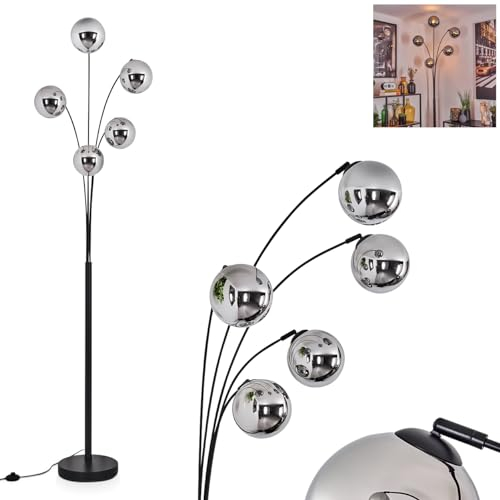 Lampada da terra Gastor, lampada in metallo/vetro nei colori nero/cromo, dal design moderno retrò/vintage con paralumi vetro (Ø 15 cm) e interruttore a pedale, altezza 210 cm, 5 x E14, senza lampadine