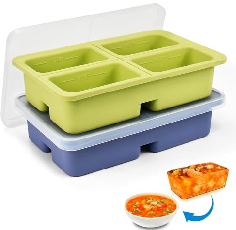 DTYGUIXE Lot de 2 Plateau de Congélation en Silicone Grands Moules à Glaçons avec Couvercle Large Bac à Glaçons avec Couvercle Empilables Bac Congelation en Silicone pour Soupe, Sauce 8 Cavités