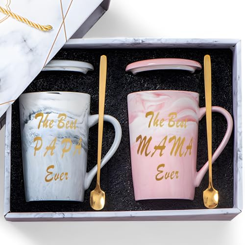 Kaffeetasse Geschenkset,400ml Keramik Marmor Kaffeetassen Set,mit Deckel Goldenem Löffel und Geschenk box Tasse mit Aufschrift Beste Mama,Bester Papa,Personalisierte Geschenke für Eltern