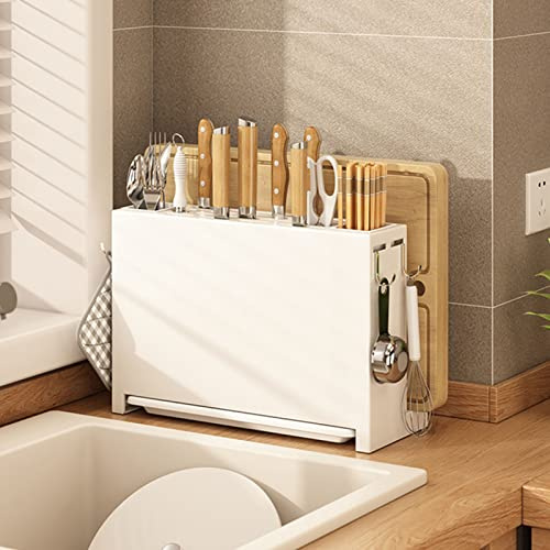 Kitchen Knife Drying Holder, Integrated Chopsticks Cutting Board Storage Rack Organizer, Knife Storage Rack Multi Use Kitchen Utensil Organizer for Kitchen White