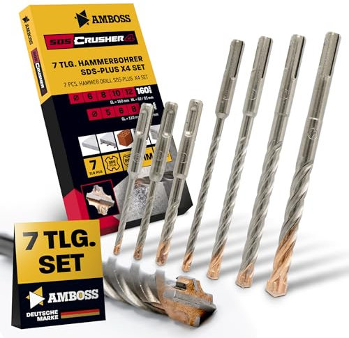 Set di punte per trapano SDS+ con 7 pezzi, 4 taglienti PGM Ø 5-12mm x 110/160mm - AMBOSS Werkzeuge SDS Crusher 4 - Punta per calcestruzzo in metallo duro professionale per calcestruzzo armato, pietra