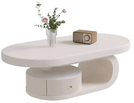 STCERY Moderner Couchtisch, Oval Kaffeetisch, Moderner Wohnzimmertisch mit Ablagefach Beistelltisch, Einzigartiger Couchtisch mit Stauraum, für Schlafzimmer, Wohnzimmer, Möbel(White)