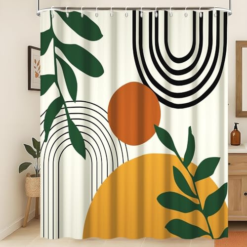 Xiaoterna Sonne Linie Duschvorhang Blätter Sonne Linien Bogen Beige Badvorhang Abstrakter Duschvorhang Schimmel Schimmelresistenter Duschvorhang Maschinenwaschbar Wasserdichter Stoff 120x200cm