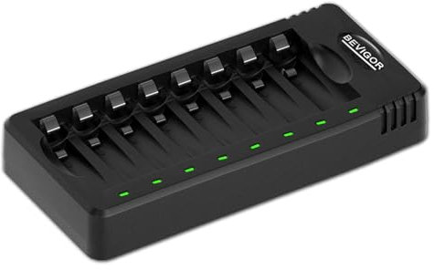 BEVIGOR Caricabatterie Per Accumulatori, 8 Slot Singoli Per Batterie Ricaricabili NiMH, Ricarica Rapida, Batterie Non Incluse