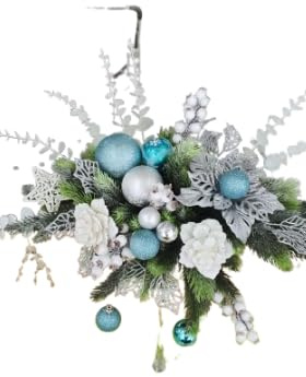 Tischdekor Pokal Vase Gesteck, Weihnachtsgesteck, Stern, Gesteck Weihnachtsdekor, Dekoration, künstliche Floristik, Tannenzweige, in grün türkis weiß silber