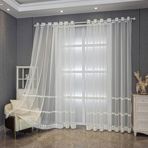 Fertiggardinen Gardine Weiß Voile 2er Pack Häkelblume mit Perle H229 x B107 cm (2er Pack) Polyester