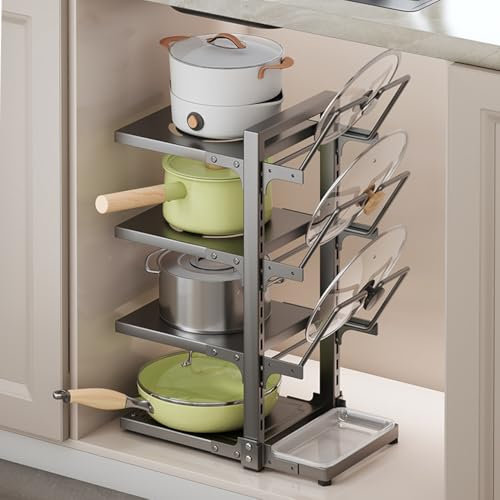 SDFJKHRD Pots And Pans Organiser, 4 Tier Snap-On And Adjustable Saucepan Rack with 3 Detachable Pot Lid Holder Stand And 1 Water Tray, for Pots, Pans And Lids,grey