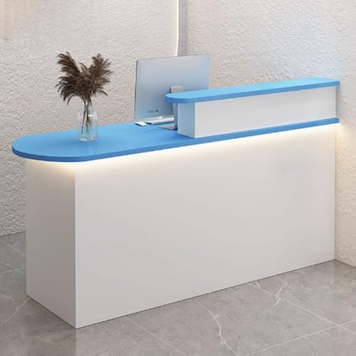 GUQASDV Reception Theke, Reception Desk Salon, Empfangstresen für Praxis, Bürotheke Reception Tisch mit Sanfter Beleuchtung für Unternehmen, Lobby(White+Blue,1.4m)