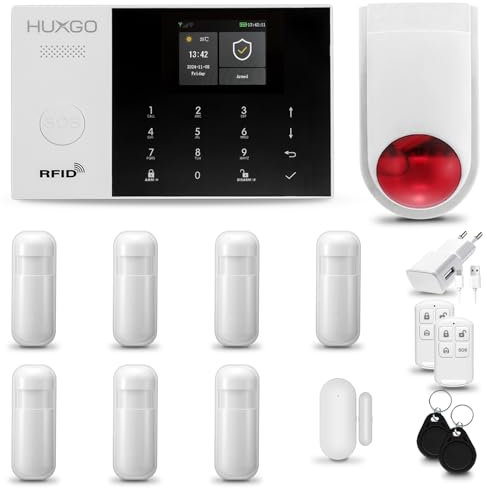 HUXGO® HXA005 Sistema di allarme casa senza fili con radio Sirena esterna solare WiFi + GSM 4G | Impianto allarme casa kit con 1x sensori di allarme per finestre/portes, 7x rilevatori di movimento