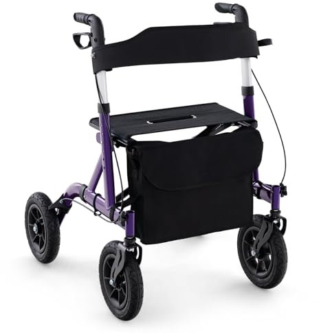 COSTWAY Rollator mit Luftbereifung, faltbar und leicht mit Sitz, Aluminium, bis 136 kg, 2 in 1 Rollstuhl & Reiserollator, Gehhilfe 6-fach höhenverstellbar, Gehwagen mit Tasche & Stockhalter (Lila)