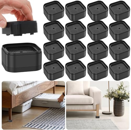 16 Piece Adjustable Furniture Risers with Nonslip Bottom Stackable Bed Lifter Versatile Bed Raising Blocks 3.5cm Table Leg Extenders for Table Desk Couch Chair Sofa Cabinet Beds Legs Black(16pcs)