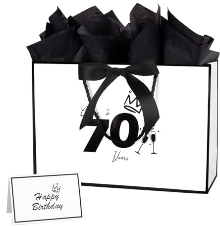 Geschenktüte zum 70. Geburtstag mit Geschenkkarte und Seidenpapier für Männer und Frauen, 32,6 cm (Weiß 70. Geburtstag)