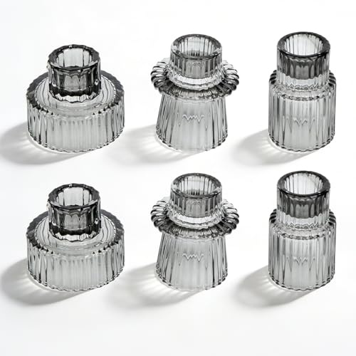 Accmuzzy Set med 6 ljusstakar, stavljus, 2-i-1 ljusstakar för stavljus, värmeljushållare transparent, litet ljusstake glas för bröllopsdekoration, matbord fest, juladvent, vintagedekoration