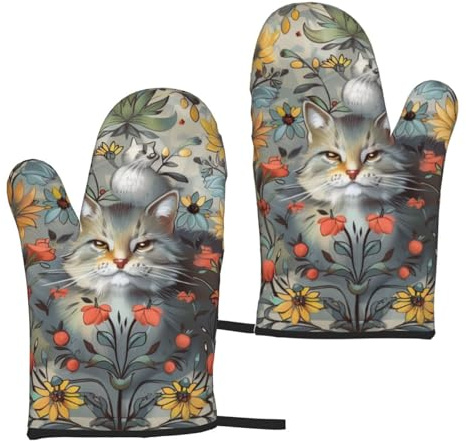 Ofenhandschuhe mit lustigen Katzen und Blumen, bedruckt, hitzebeständig, wasserdicht, zum Kochen, Backen, Grillen, 2 Stück