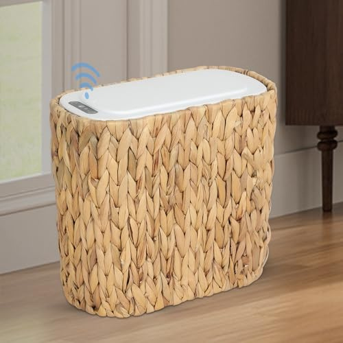 Stepeak Mülleimer Küche Boho, 13.2 Liter Mülleimer Bad mit Sensor, Beige Windeleimer Geruchsdicht mit Deckel, Kleiner Elektrischer Mülleimer, 2 in 1 Abfalleimer & Rattan Papierkorb für Badezimmer Büro