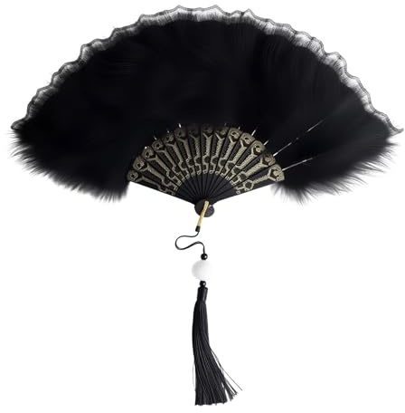 LEMLIN Feder Fächer, Klassischer Handfächer, Falbarer Vintage Fächer für Tanz, Hochzeiten & Halloween-Partys, Elegante Dekoration, Schwarz