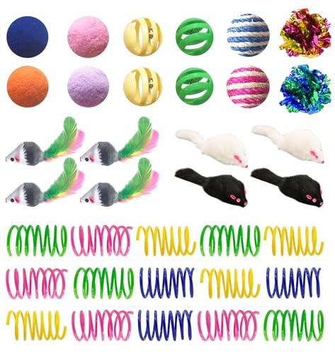 AGYM Set di giocattoli per gatti da appartamento, 35 pezzi, giocattoli interattivi con piume a spirale colorate, topolini, giocattoli scoppiettanti, sisal e pompon e palline a campanella per gattini