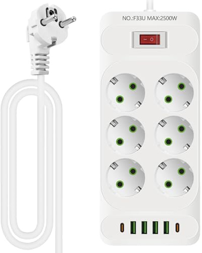 Steckdosenleiste Einzeln Schaltbar, 12-in-1, 6-Fach Mehrfachsteckdose mit 4 USB-A und 2 USB C, Steckdosenverteiler mehrfachstecker Steckdosenleiste üiberspannungsschutz für Heim Büro (Weiß)