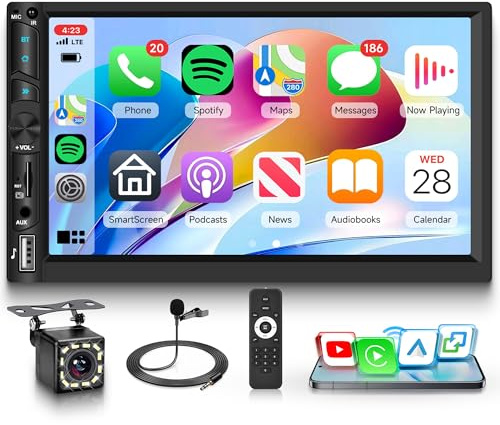 Inalámbrico Carplay Radio Coche 2 Din con You-Tube Inalámbrico Android Auto Bluetooth Mirror Link 7 Pulgadas Touchscreen Radio Coche Doble Din FM Radio EQ/USB/TF/AUX Control del Volante Cámara Trasera