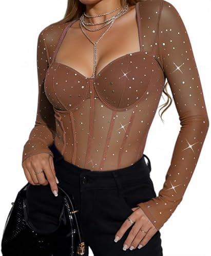 Sukiglam Body Donna Manica Lunga Sexy Scintillante Bodysuit Shapewear in Rete Trasparente Aderente Bodysuits con Scollatura a Cuore Jumpsuits Tops Elegante con Bottoni a Pressione Blusa Top Clubwear
