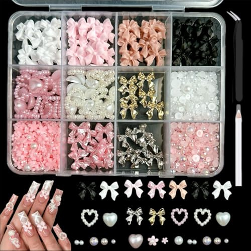 KIRZAX Nagelbandsset med 12 fack, 3D-rosett av harts + pärlor/hjärta/blomma, med vaxkrita och kristallfjäder, dekorativa nageltillbehör