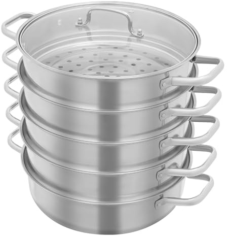 Susoso Cuiseur vapeur à 5 étages en acier inoxydable avec couvercle en verre - Pour cuisinières à gaz, plaques à induction, électriques (argenté, 30 cm)