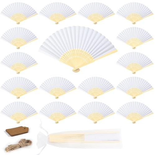 lalago 60pcs Eventail Mariage, Éventail Bois Papier et Blanc, Japonais Pliant Ventilateur, Poche Pliante Ventilateur Pliable, Éventail Mariage Personnalisable fête Cadeaux Décoration Murale DIY
