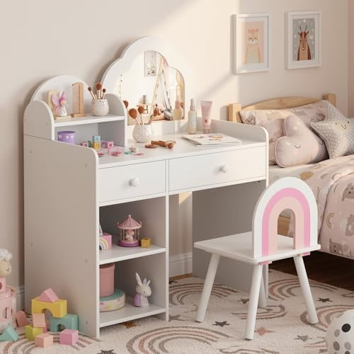 Clevich 2 in 1 Schminktisch Kinder Set, Kinderschminktisch mit Spiegel, 2 Schubladen, Schließfächer, Schreibtisch Holz mit Hocker, Prinzessin Frisiertisch für Kinder von 3 bis 8 Jahren, Weiße