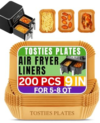 Air Fryer Liners Rectangle 9-Inch (200 Pcs) – Disposable Non-Stick Parchment Paper, Grease-Proof Baking Liners for 5–8 Qt Airfryer Basket, Oven, Microwave & Steamer Easy Clean Up by TOSTIES PLATES
