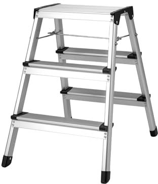 HOMFME Dual-Sided 3 Step Ladder, Lightweight Aluminum Folding Stepladder with Wide Anti-Slip Pedals, Portable Household Step Stool for Kitchen Garage Office, 150 kg Capacity