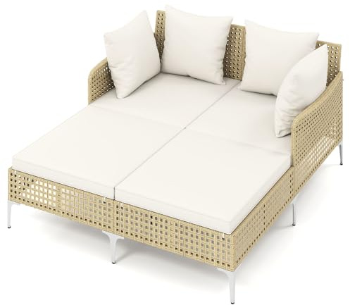 COSTWAY Tumbona Doble de Ratán para Exterior, Tumbona de Mimbre para 2 Personas con Cojines de Asiento y Respaldo, Sofá Cama para Exterior con Soporte Metálico para Jardín Piscina Terraza