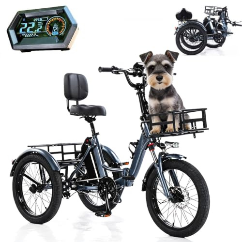 EaThsalL Elektro-Dreirad für Erwachsene & Senioren – Faltbar mit Sitz Elektrodreirad mit Gepäckkorb Breitreifen für Zusammenklappbar, Leichter Einstieg 20Inch-Grey