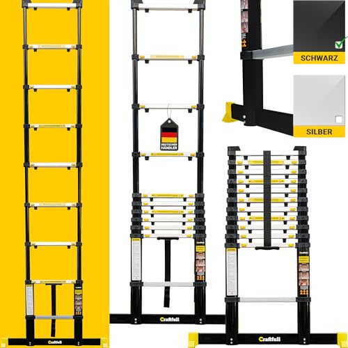 𝐂𝐑𝐀𝐅𝐓𝐅𝐔𝐋𝐋 Aluminium Teleskopleiter | 𝟑 𝐉𝐀𝐇𝐑𝐄 𝐆𝐀𝐑𝐀𝐍𝐓𝐈𝐄 - Trittleiter - Leiter ausziehbar - Stehleiter - Ausziehleiter - Alu Anlegeleiter (4.4 Meter Black Edition)