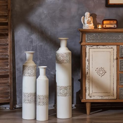 Sziqiqi Floor Vase Tall White Vases - Extra Large Metal Flower Vase Set of 3 Big Vases for Home Decor Living Room Decorative Vintage for Pampas Grass Feathers Twigs Branches Dried Flowers